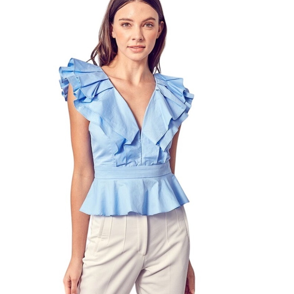 Do +‎ Be Light Blue Ruffle Peplum Top Small V-Neck Tie Back Feminine Blouse